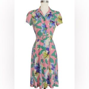 Trashy Diva Pink Floral Shirtwaist Dress with Blue and Green Flowers